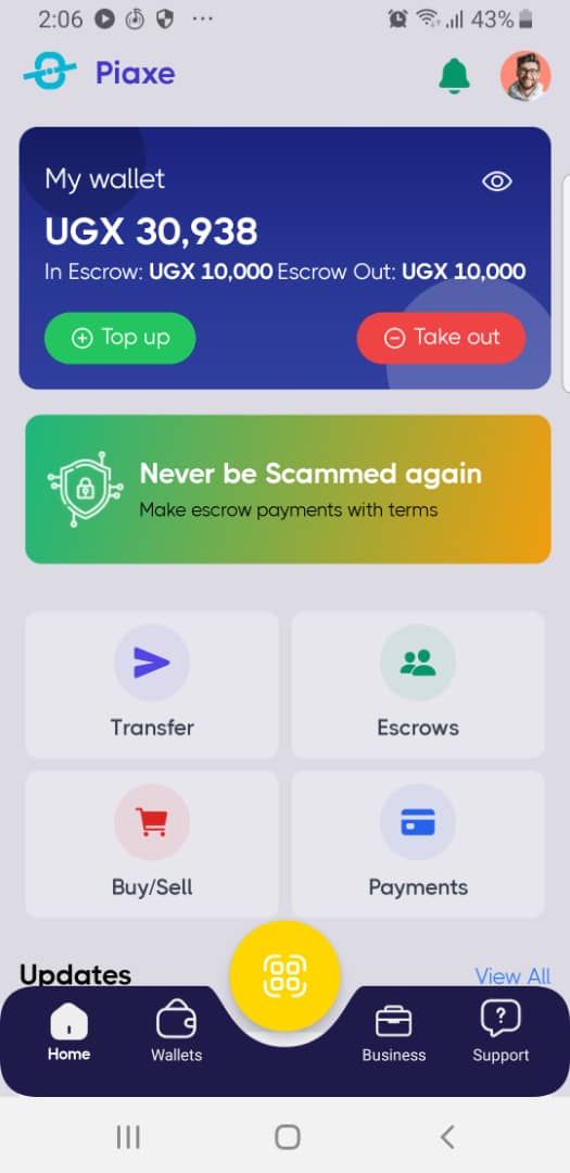Piaxis Mobile App Interface showing secure wallet and escrow transaction features